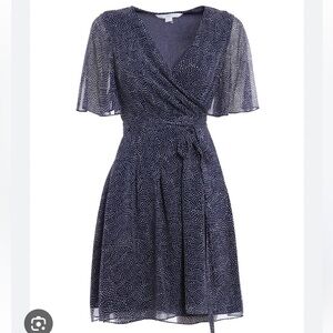 DVF Katina Wrap Dress in Silk Navy Polka Dot with Sheer Flutter Sleeves Sz 12